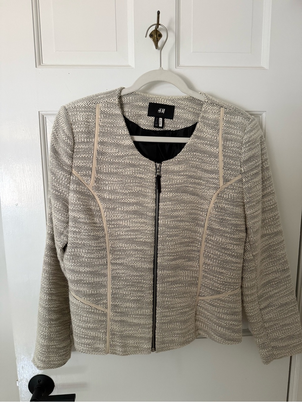H&M Cream Knit Zip Blazer with Beige Trim